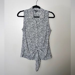 Black and white polka dot short sleeve blouse with tie-front detail